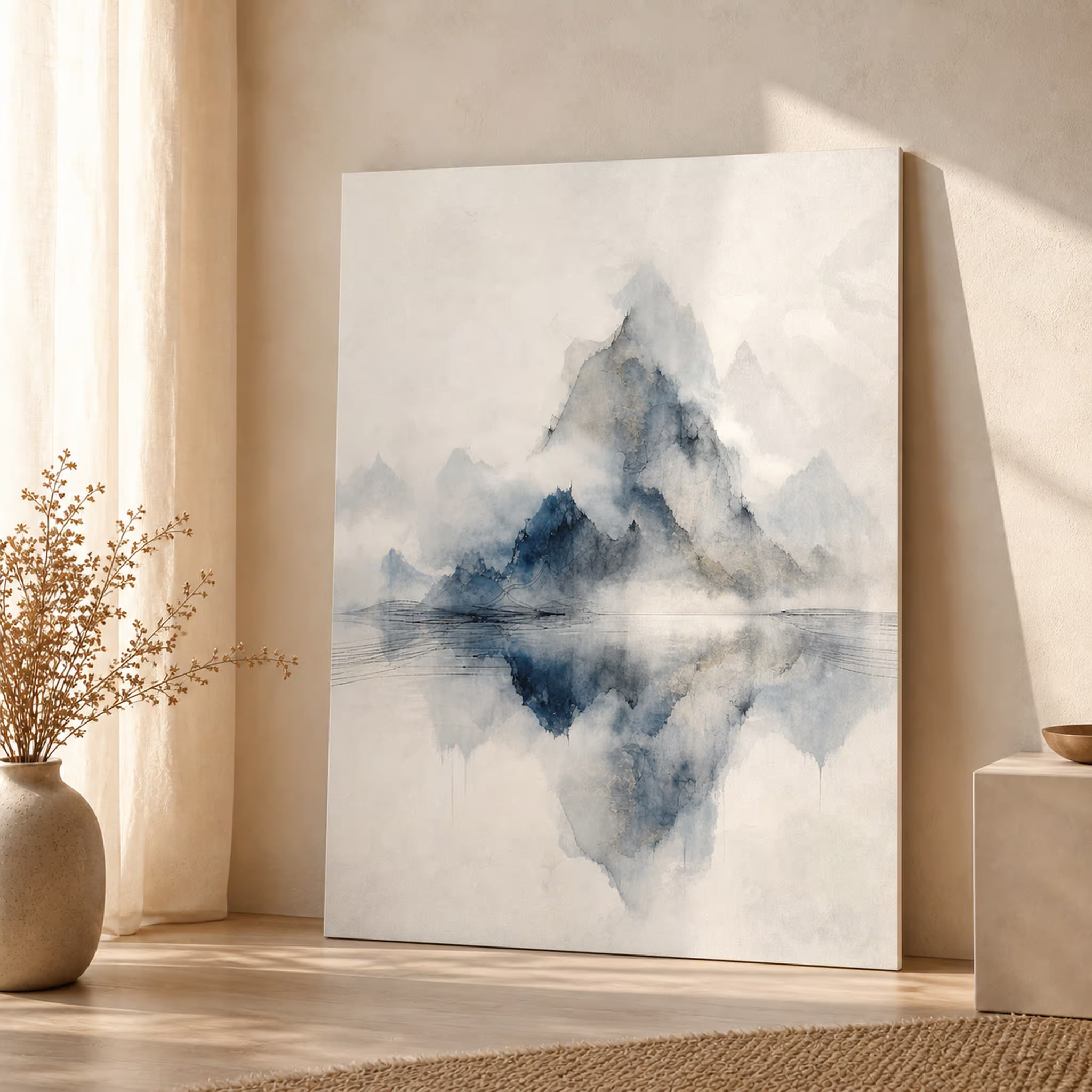 Misty mountain reflection printable wall art shown as a square product mockup