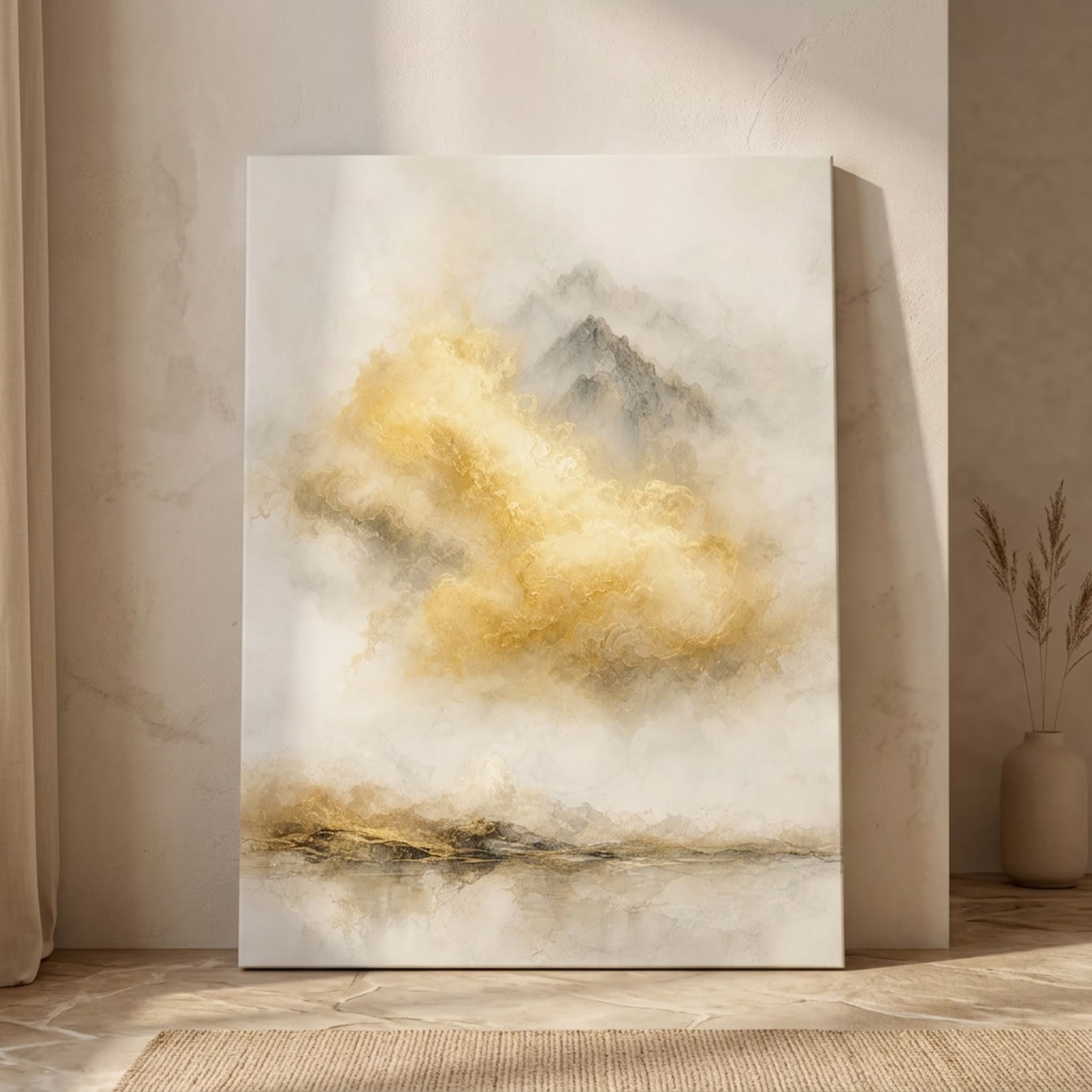 Pale gold abstract mountain printable wall art leaning against an ivory wall