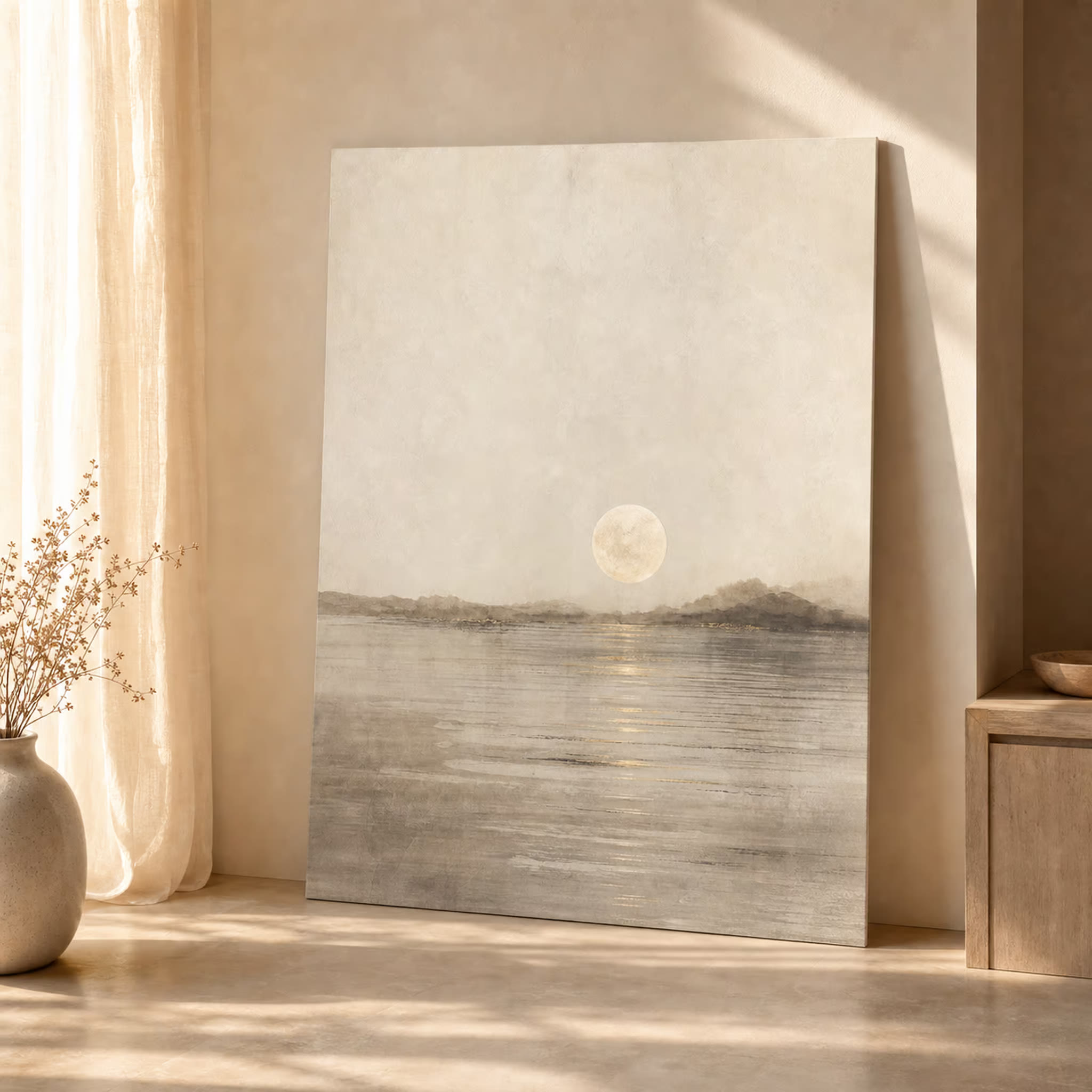 Moonlit water printable wall art shown in a square bedroom mockup