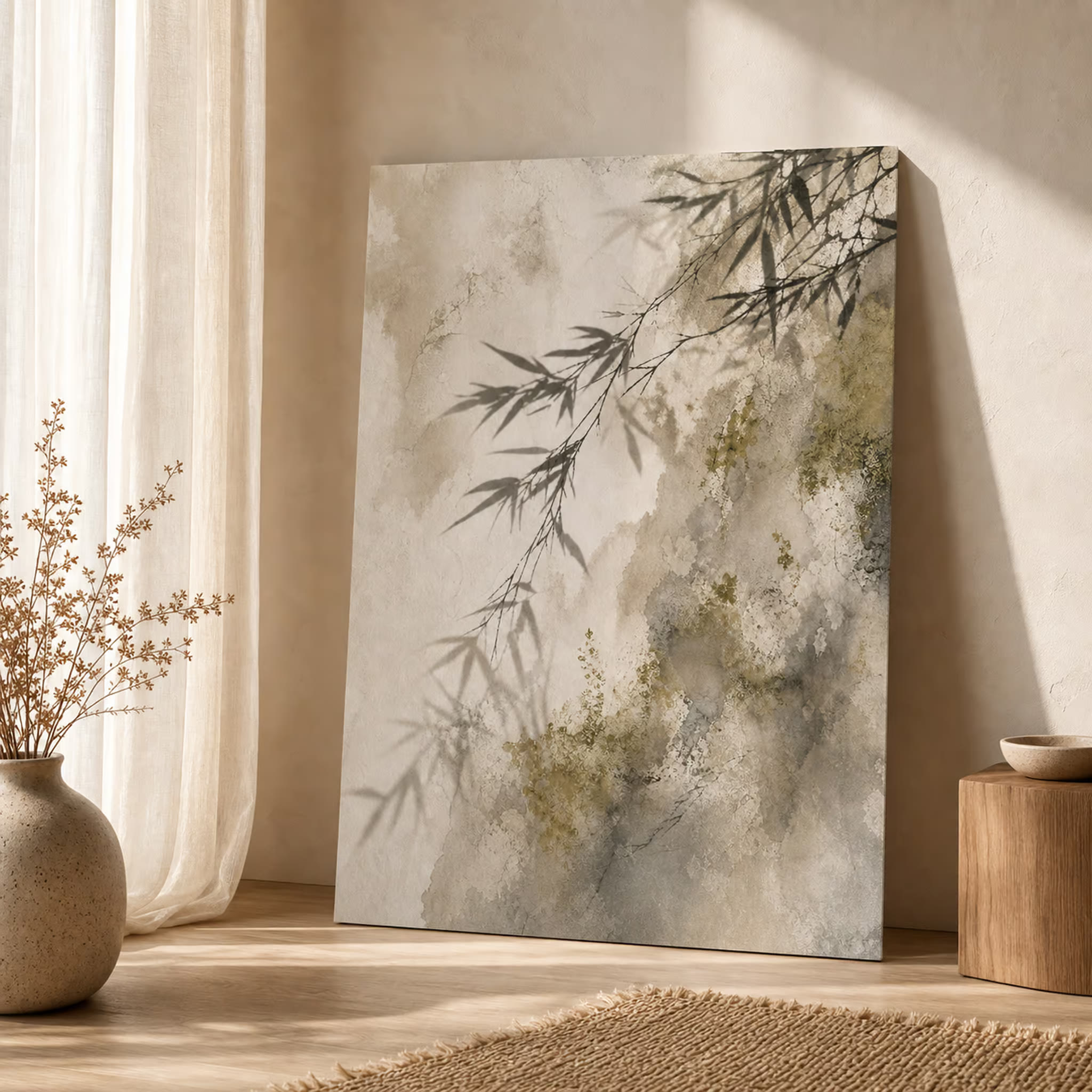 Abstract bamboo shadow printable wall art in a neutral square mockup