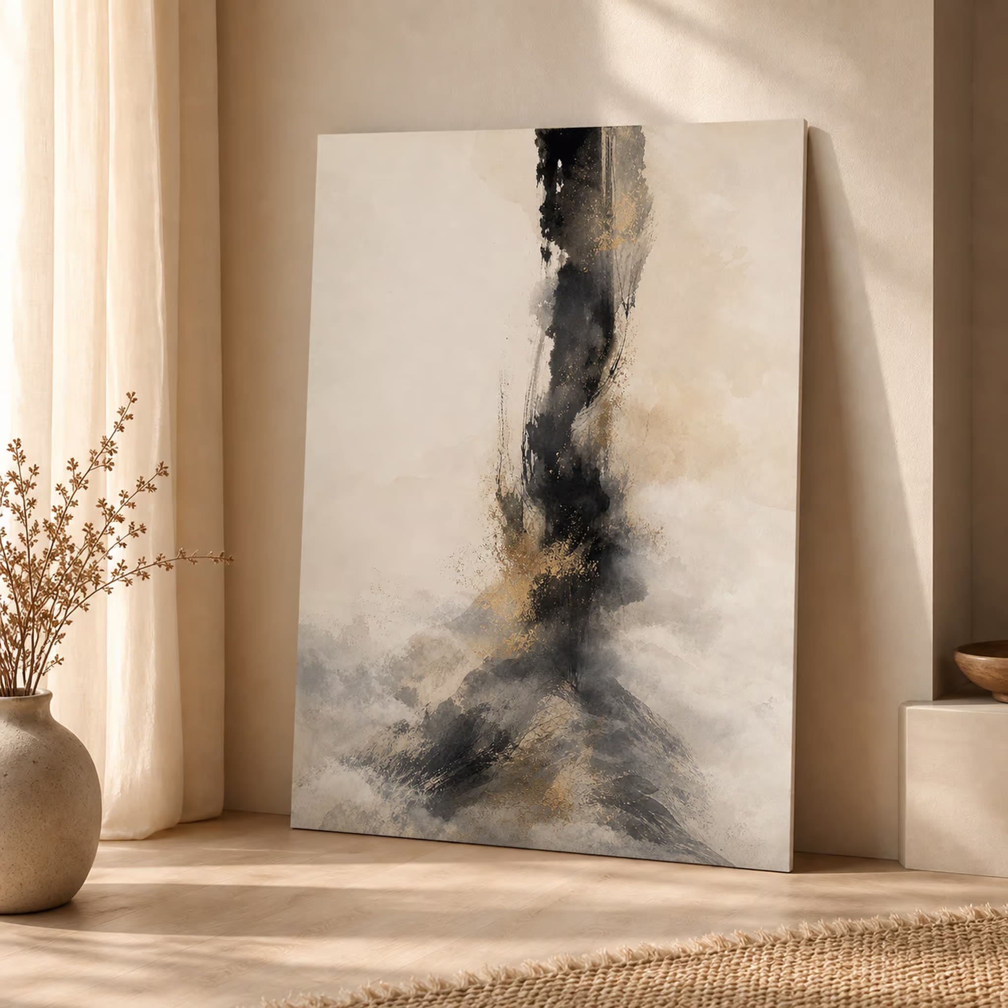 Abstract ink printable wall art leaning against a warm ivory wall