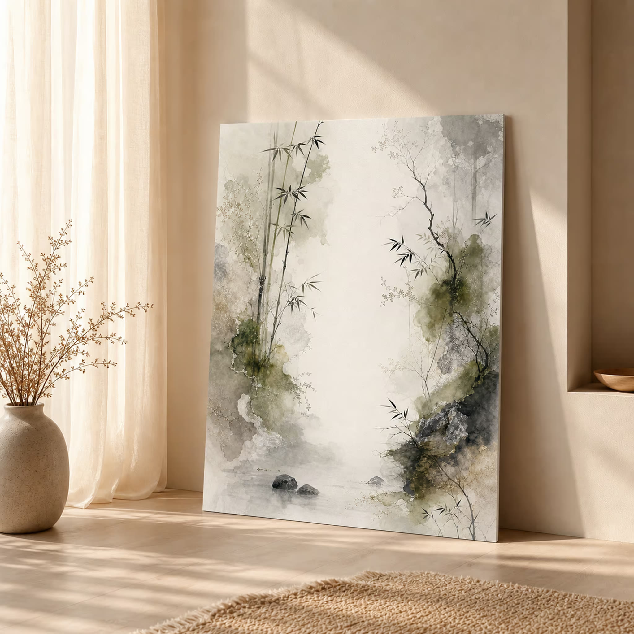 Minimal bamboo printable wall art leaning beside a warm neutral wall