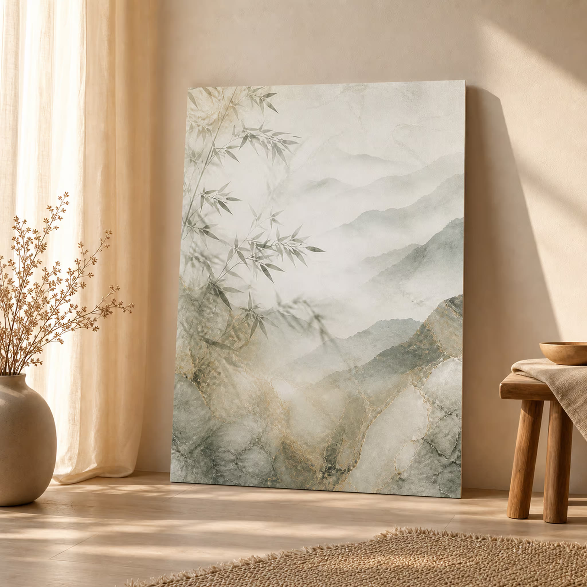 Bamboo and misty mountain printable wall art in a square mockup