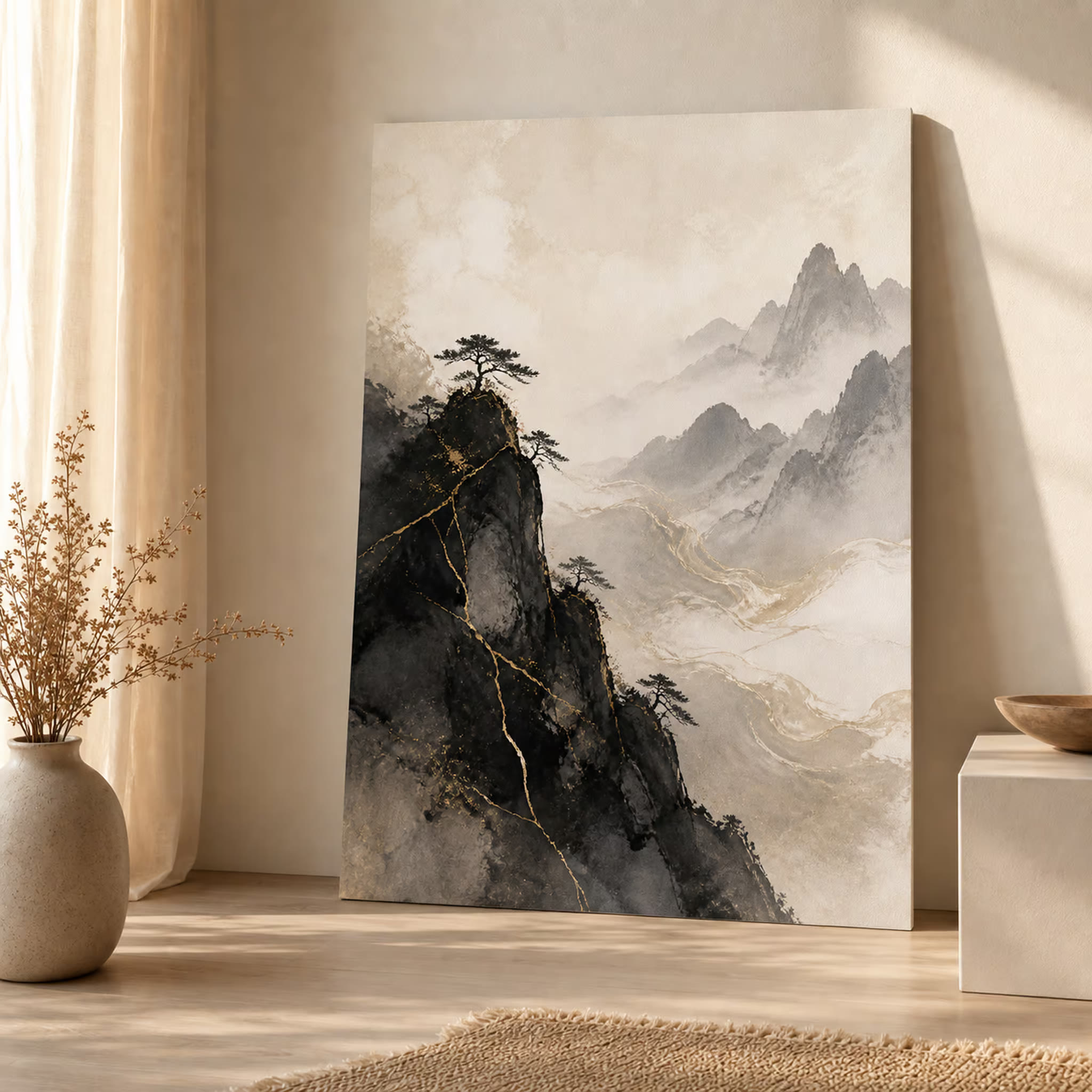 Golden cliff misty mountain printable wall art in a square product mockup