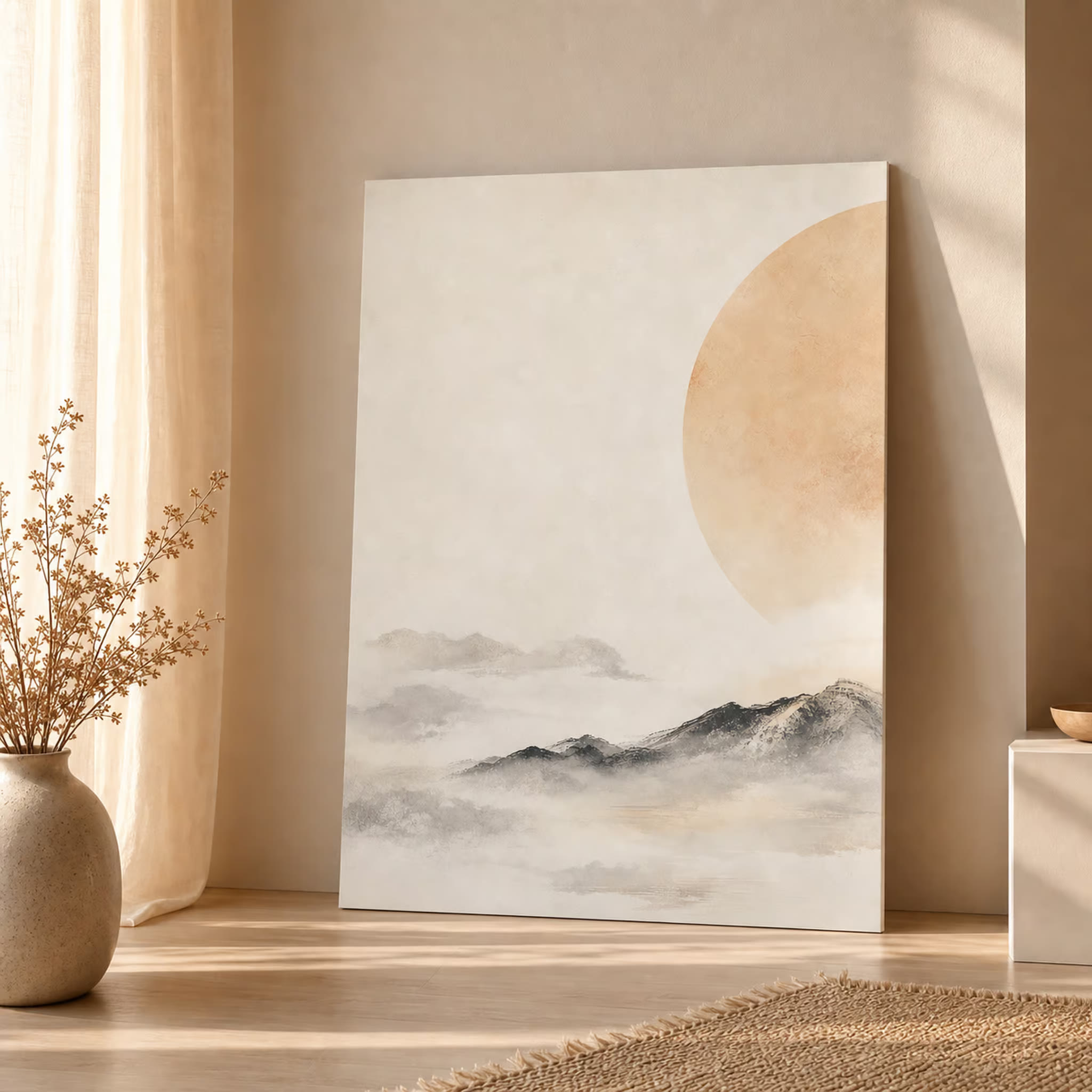 Minimalist moon mountain printable wall art shown as a square product mockup