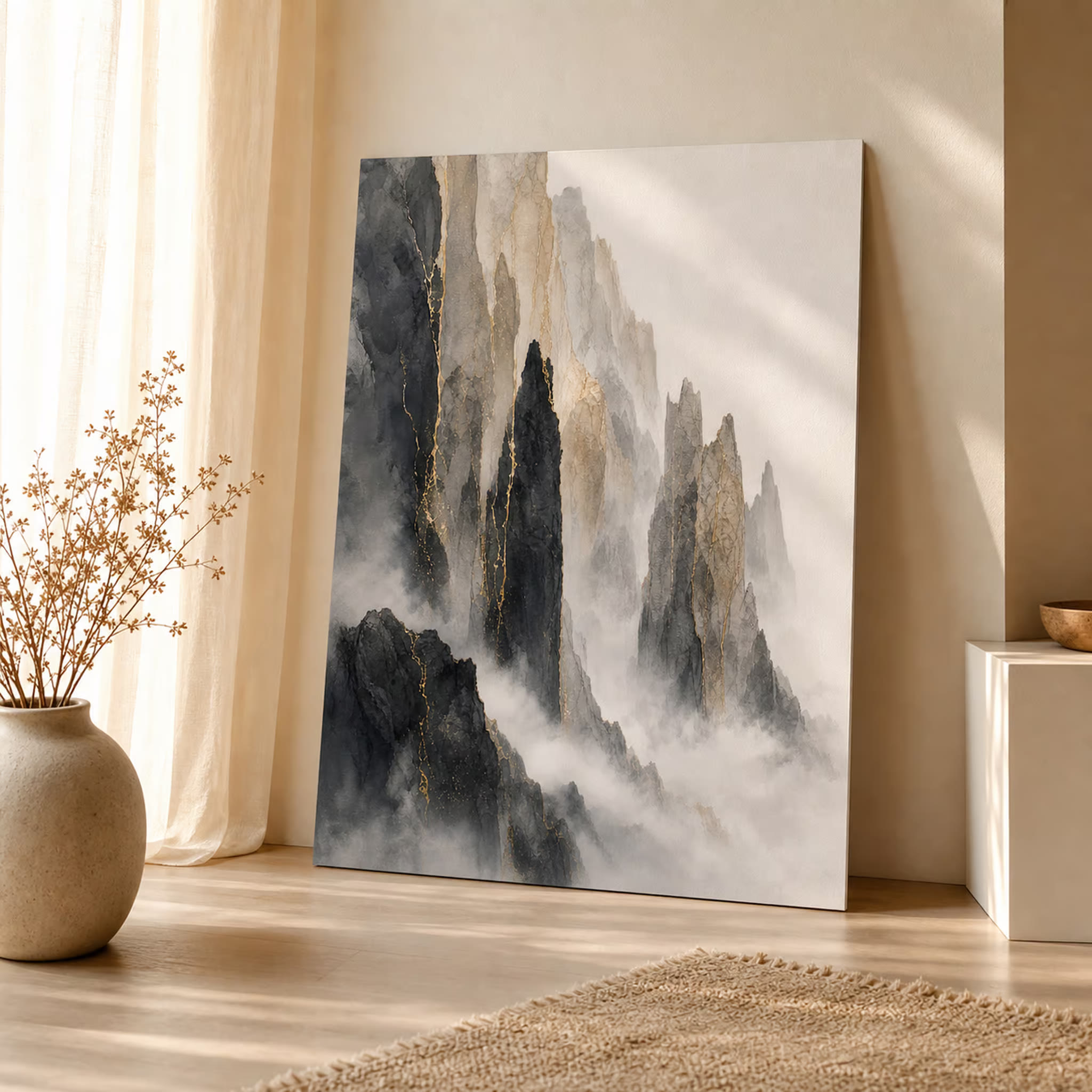 Gold mountain abstract ink landscape printable wall art in a square product mockup