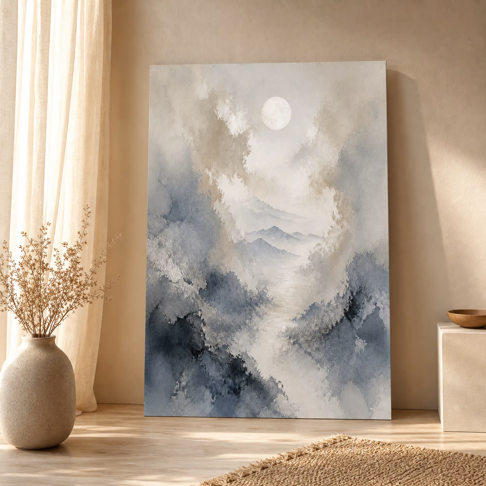Misty moon mountain printable wall art shown as a square product mockup