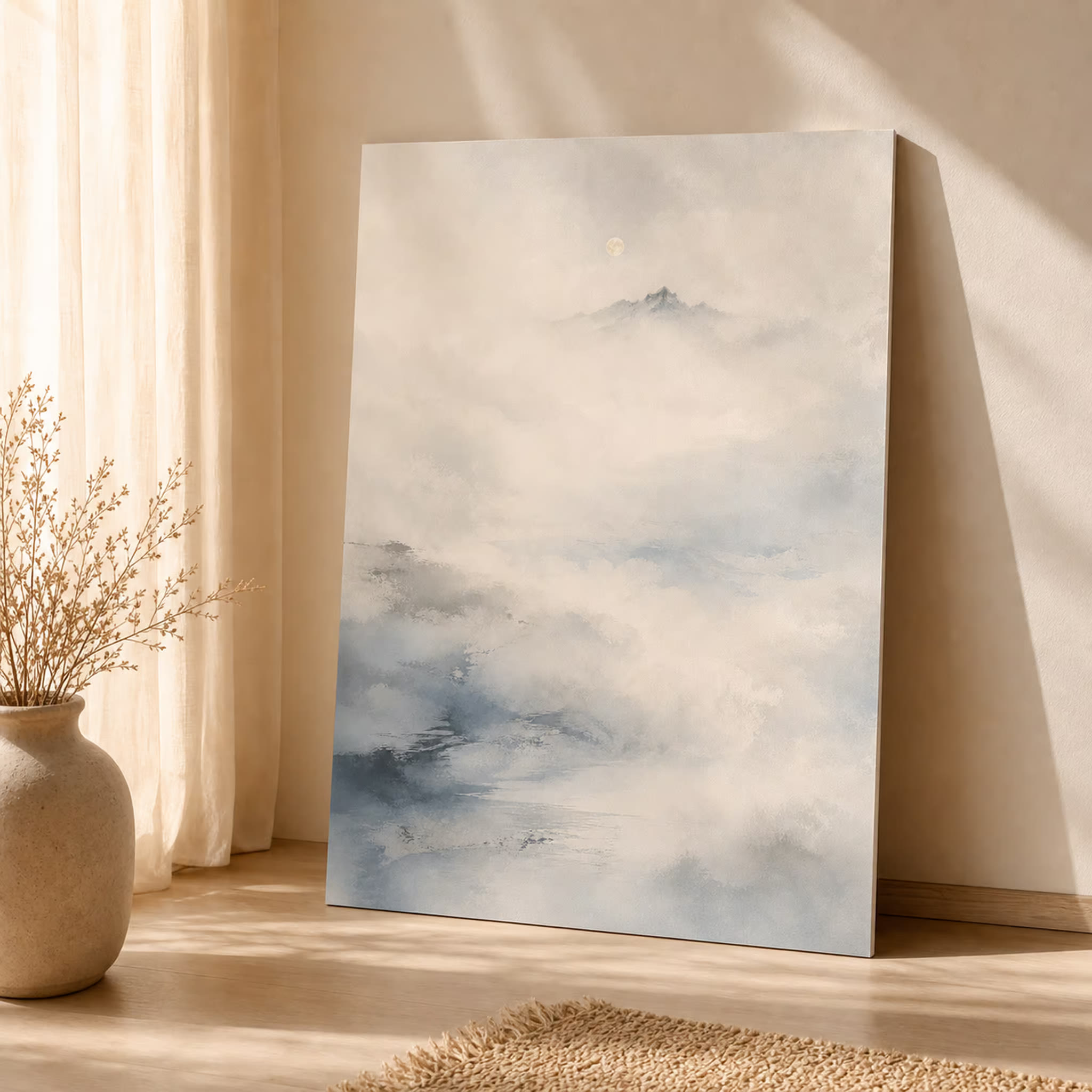 Misty moon mountain printable wall art in a square bedroom-friendly product mockup