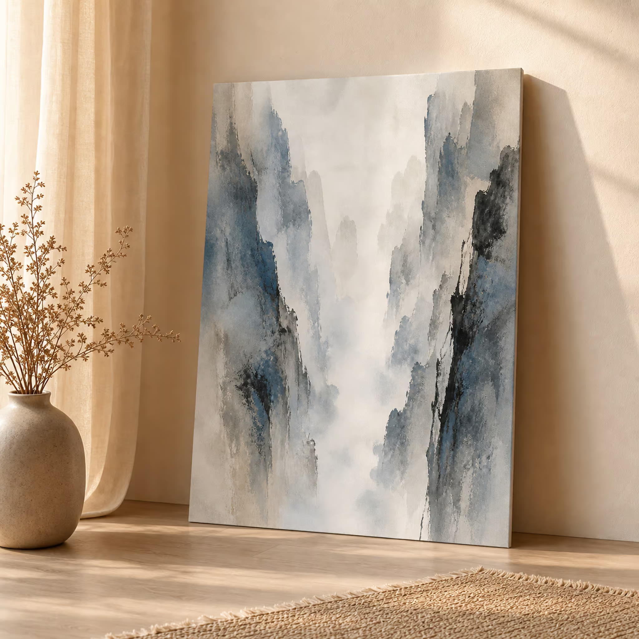 Blue gray ink wash mountain printable wall art shown as a square product mockup