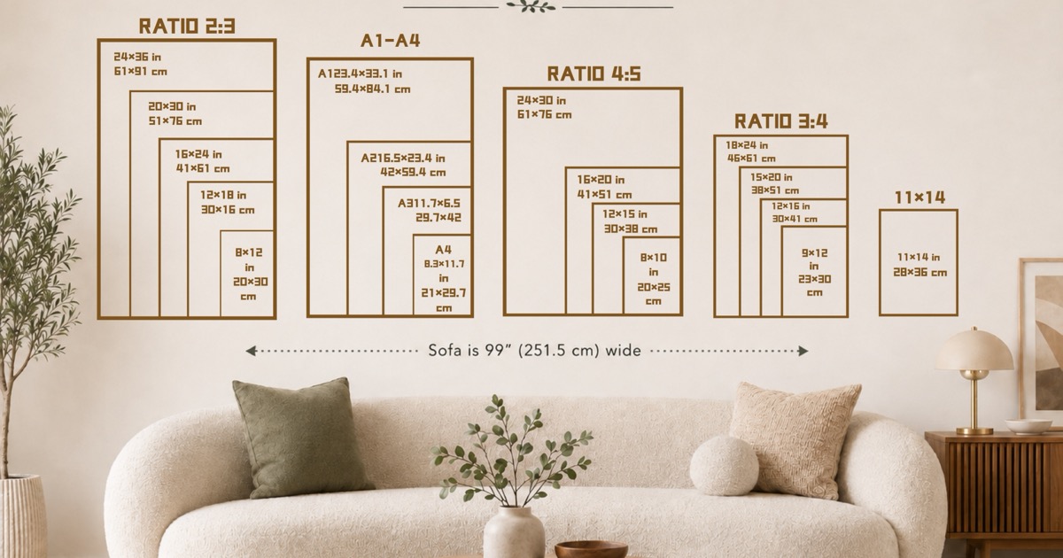 Wall art size guide above a sofa with common print ratios